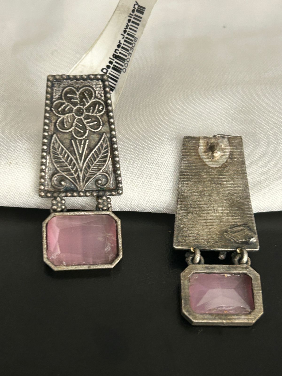 Floral Engraved Oxidised Earrings with Pink Stone